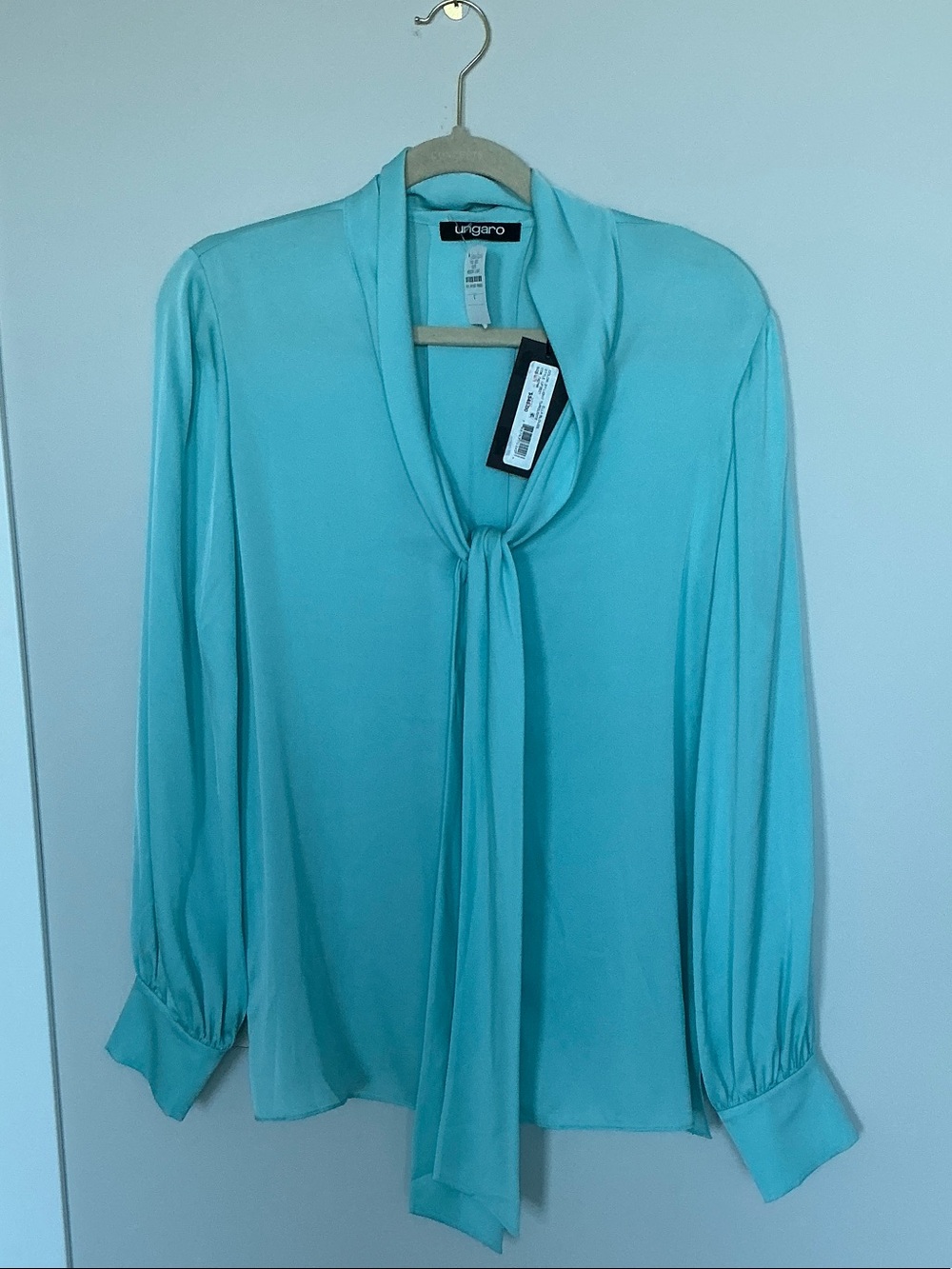 NWT Ungaro silk blouse with tie size L , color light turquoise